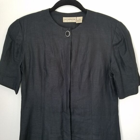Vintage Liz Claiborne 80s 100% Linen Short Sleeve Drop Waist Hidden Button Dress - Picture 4 of 8